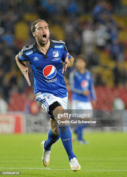 Federico Insua of Millonarios celebrates after scoring the third goal of his team during a match between Millonarios and Alianza Petrolera as part of...