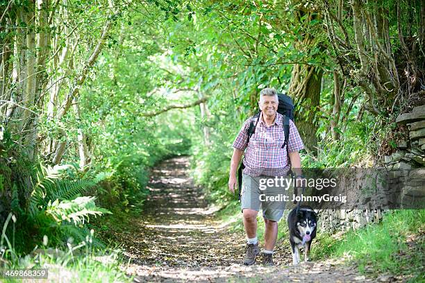 man and dog in the countryside - middle age man and walking the dog stockfoto's en -beelden