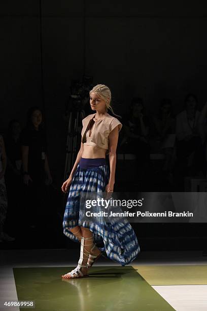 Model walks the runway during the CS Edit X Kirrily Johnston show at Mercedes-Benz Fashion Week Australia 2015 at Carriageworks on April 16, 2015 in...