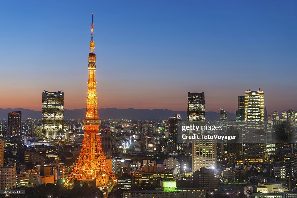 東京タワー夜の高層ビル��街のネオン照明日本の混雑した