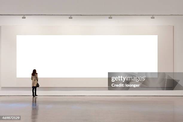 one woman looking at white frame in an art gallery - gallery wall stock pictures, royalty-free photos & images