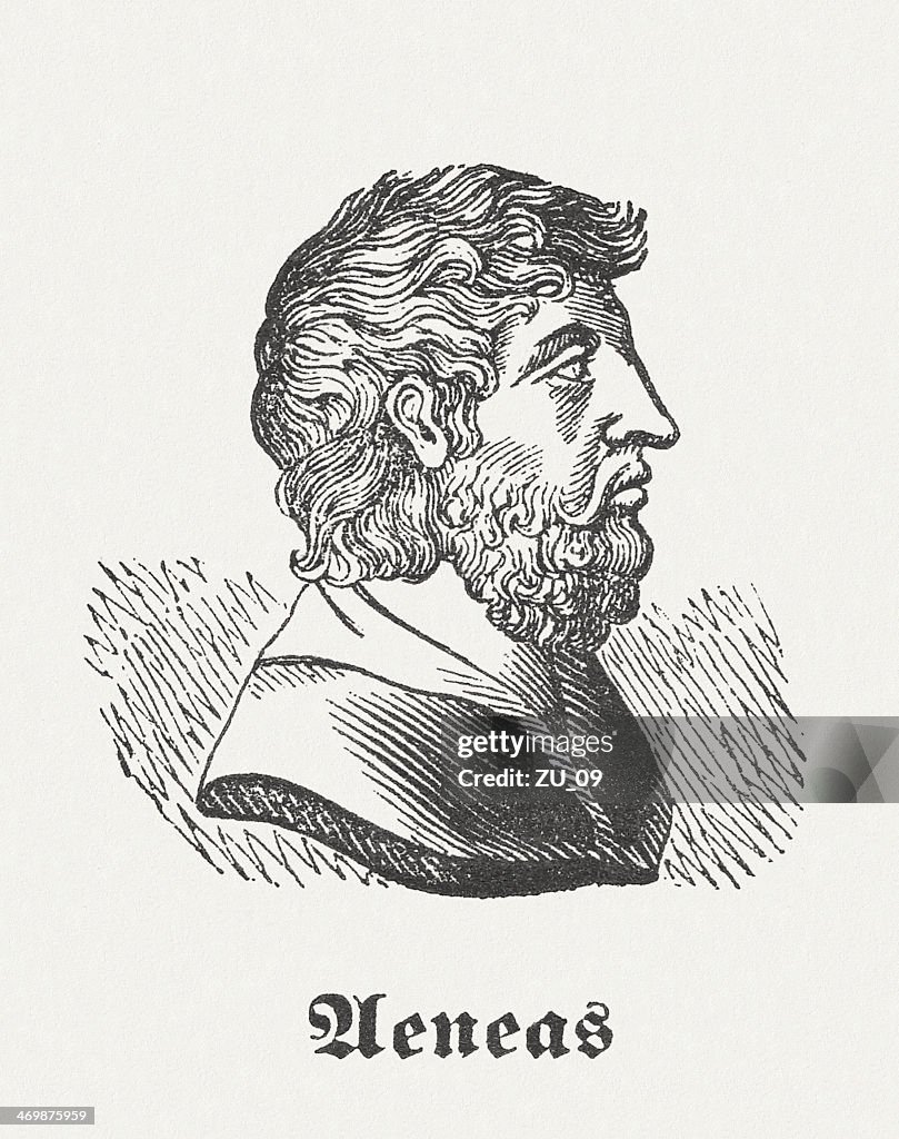 Aeneas, hero from the Greek-Roman mythology, wood engraving, published 1864
