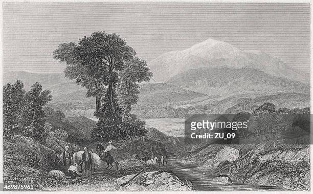 mount olympus, by william purser, steel engraving, pulished in 1836 - olympus stock illustrations