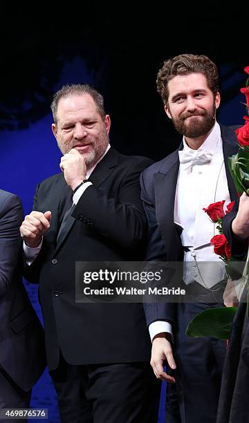 Harvey Weinstein and Matthew Morrison during the Broadway Opening Night Performance curtain call for 'Finding Neverland' at The Lunt-Fontanne Theatre...