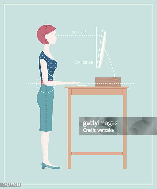 ilustrações de stock, clip art, desenhos animados e ícones de pé secretária postura - business woman desk stand