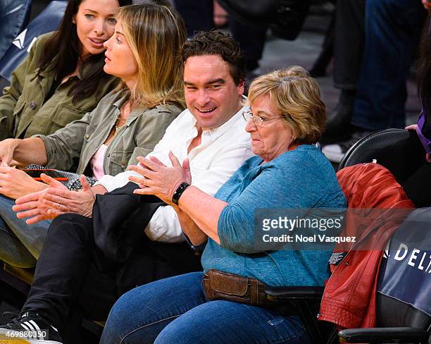 Johnny Galecki and Mary Lou Galecki attend a basketball game between the Sacramento Kings and the Los Angeles Lakers at Staples Center on April 15,...
