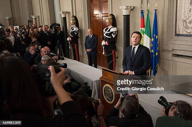 Former Mayor of Florence, Matteo Renzi , talks to the media after he has been appointed new Prime Minister by President Giorgio Napolitano at the...