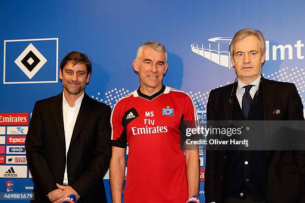 Mirko Slomka is presented as new head coach of Hamburger SV by Oliver Kreutzer sports director and president Carl Egar Jarchow on February 17, 2014...