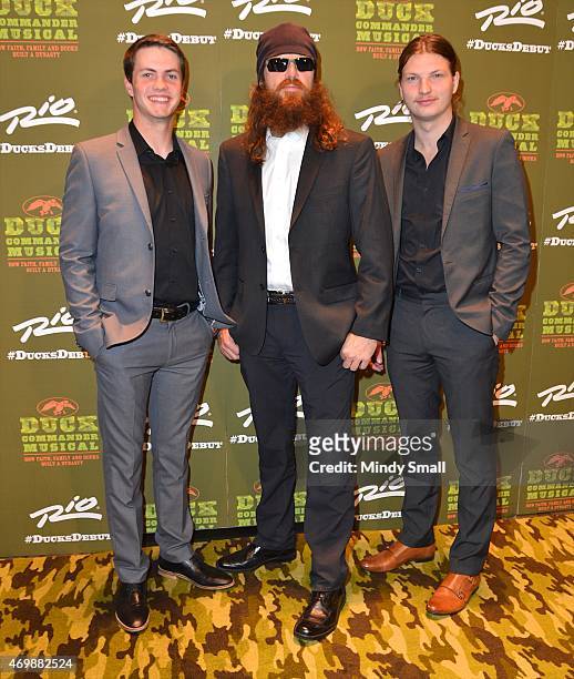 Cole Robertson, Jase Robertson and Reed Robertson arrive at the "Duck Commander Musical" opening night at the Rio Hotel & Casino on April 15, 2015 in...