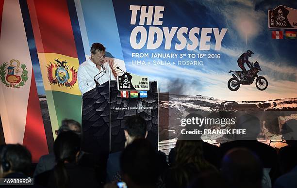 French Dakar rally director Etienne Lavigne speaks during a press conference in Paris on April 16, 2015 to present the 2016 Dakar Rally. Lavigne said...