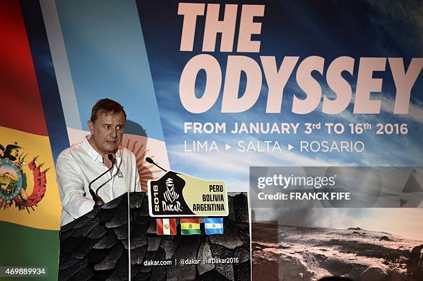 French Dakar rally director Etienne Lavigne speaks during a press conference in Paris on April 16, 2015 to present the 2016 Dakar Rally. Lavigne said...