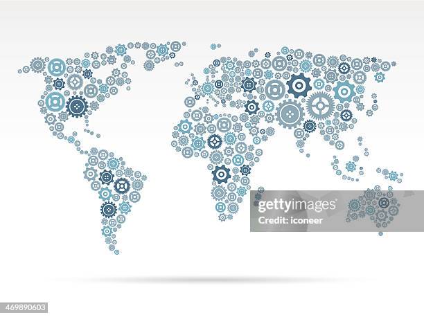 world map with gears - planetary gear stock illustrations