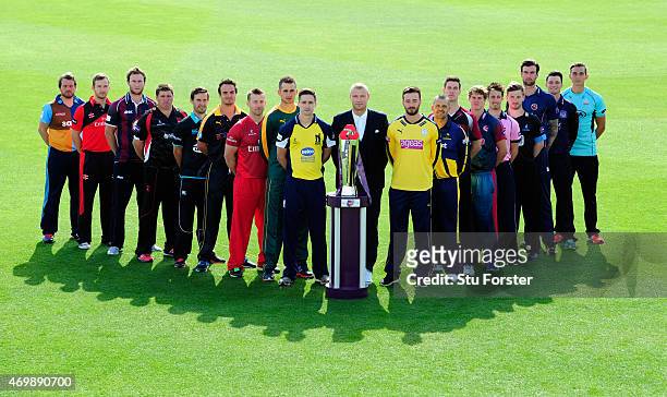 Champions Birmingham Bears player Chris Woakes Andrew 'Freddie' Flintoff and players from the other 17 counties pose with the trophy at the Natwest...