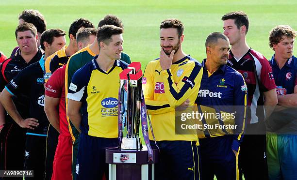 Champions Birmingham Bears player Chris Woakes and Hampshire batsman James Vince share a joke at the Natwest T20 Blast Media Launch at Edgbaston on...