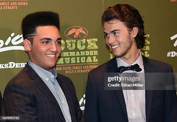 Television personalities Will Robertson and John Luke Robertson attend the "Duck Commander Musical" premiere at the Crown Theater at the Rio Hotel &...