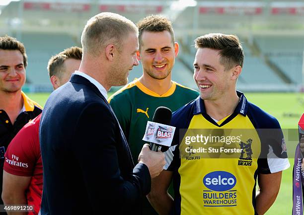 Andrew 'Freddie' Flintoff shares a joke with Birmingham Bears player Chris Woakes at the Natwest T20 Blast Media Launch at Edgbaston on April 16,...