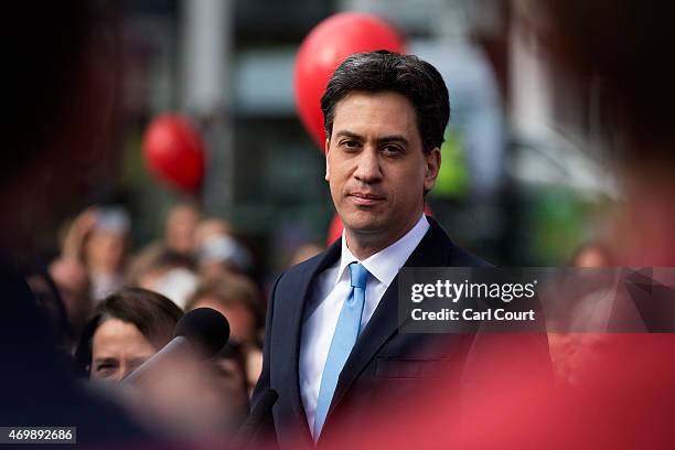 Labour leader Ed Miliband addresses supporters during a visit on April 16, 2015 to Crouch End, London, England. The Labour leader is continuing to...