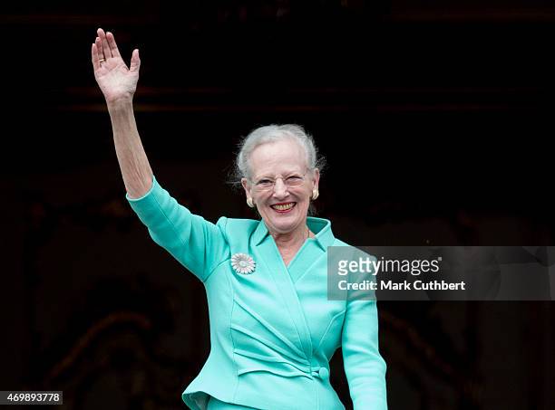Queen Margrethe II of Denmark on the balcony at Amalienborg Palace during festivities for the her 75th birthday on April 16, 2015 in Copenhagen,...