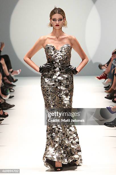 Model walks the runway during the Johanna Johnson Presented By Capitol Grand show at Mercedes-Benz Fashion Week Australia 2015 at Carriageworks on...