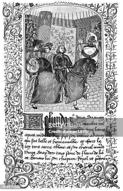 ilustrações de stock, clip art, desenhos animados e ícones de entrada de carlos vii em rouen - medieval illuminated letter