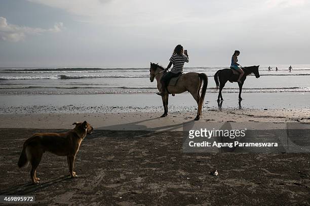 Tourists ride horses at Double Six beach on April 16, 2015 in Seminyak, Bali, Indonesia. Indonesia on April 16 banned small retailers from selling...