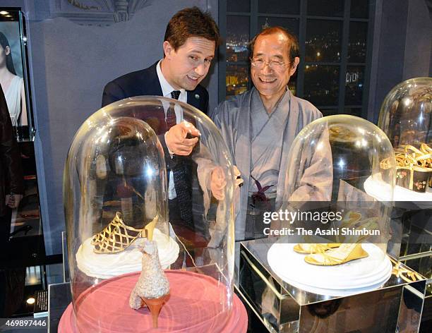 Florence City Mayor Dario Nardella and Kyoto City Mayor Daisaku Kadokawa visit the Salvatore Ferragamo exhibition held at Nijo Castle as they mark...