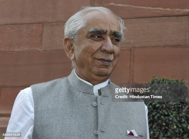 Jaswant Singh former finance minister talking with media person after attending interim budget session at Parliament house on February 17, 2014 in...