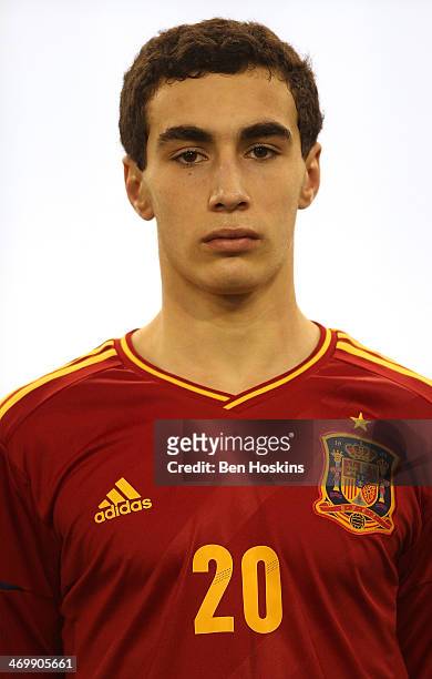 Gorka Zabarte of Spain looks on prior to a U16 Internation match between Spain and Denmark at St Georges Park on February 14, 2014 in...