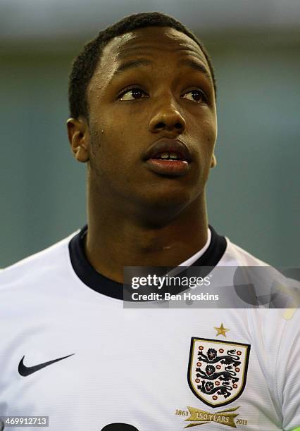 Kaylen Hinds of England looks on prior to a U16 International match between England and Belgium at St Georges Park on February 14, 2014 in...