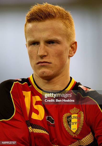 Daan Matterne of Belgium looks on prior to a U16 International match between England and Belgium at St Georges Park on February 14, 2014 in...