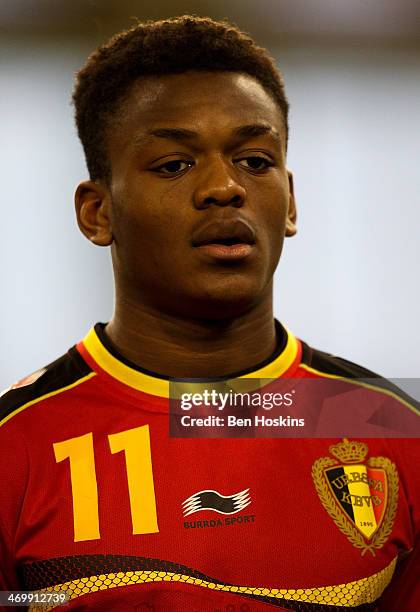 Joel Kalonji Kalonji of Belgium looks on prior to a U16 International match between England and Belgium at St Georges Park on February 14, 2014 in...