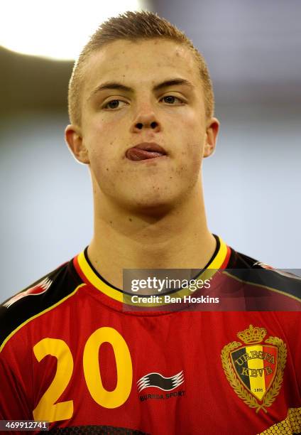 Jorn Van Camp of Belgium looks on ahead of a U16 International match between England and Belgium at St Georges Park on February 14, 2014 in...