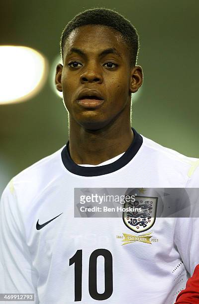 Jonathan Leko of England looks on during a U16 International match between England and Belgium at St Georges Park on February 14, 2014 in...