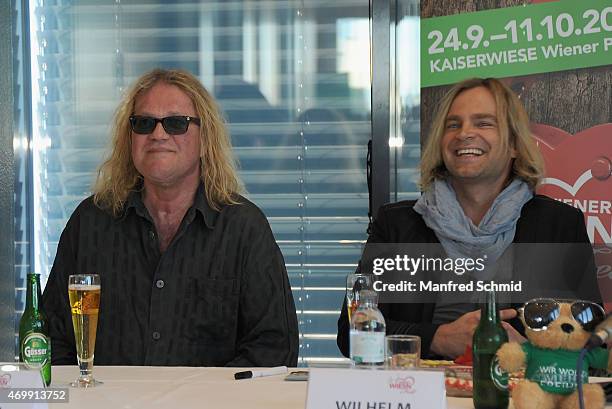 Aron Strobel and Tim Wilhelm of Muenchener Freiheit attend the Vienna Wiesn 2015 press conference on April 16, 2015 in Vienna, Austria.