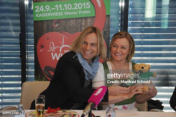 Tim Wilhelm of Muenchener Freiheit and Claudia Wiesner attend the Vienna Wiesn 2015 press conference on April 16, 2015 in Vienna, Austria.