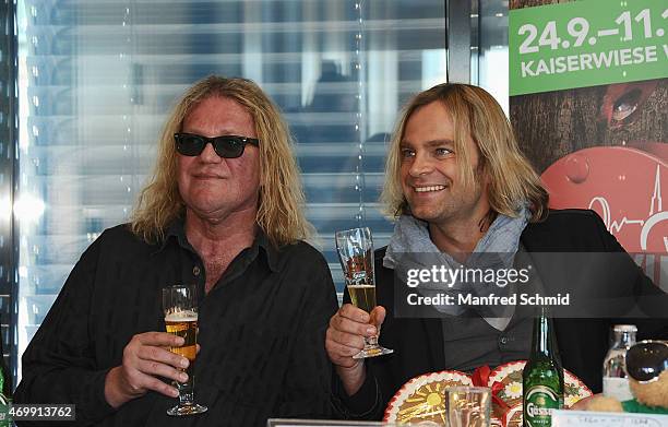 Aron Strobel and Tim Wilhelm of Muenchener Freiheit attend the Vienna Wiesn 2015 press conference on April 16, 2015 in Vienna, Austria.