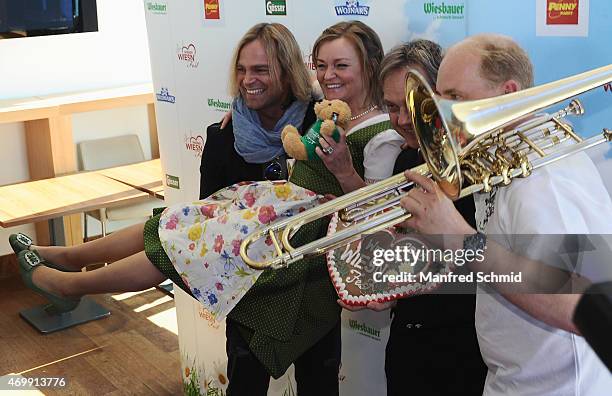 Tim Wilhelm of Muenchener Freiheit and Claudia Wiesner attend the Vienna Wiesn 2015 press conference on April 16, 2015 in Vienna, Austria.