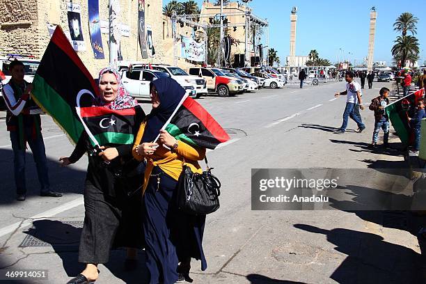 Libyans celebrate the third anniversary of 17 February revolution in the capital Tripoli, Libya, on February 17, 2014. Many Libyan women and children...