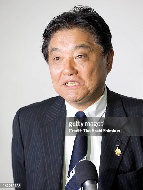 Nagoya City Mayor and local party Genzei Nippon leader Takashi Kawamura speaks on the voting results of local elections on April 12, 2015 in Nagoya,...