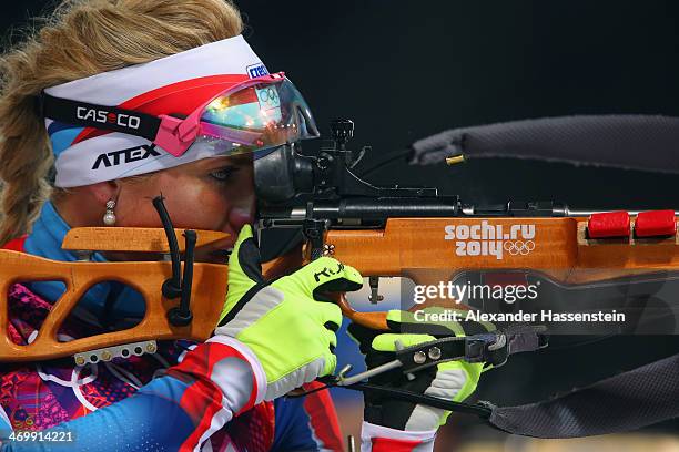 Gabriela Soukalova of the Czech Republic competes in the Women's 12.5 km Mass Start during day ten of the Sochi 2014 Winter Olympics at Laura...