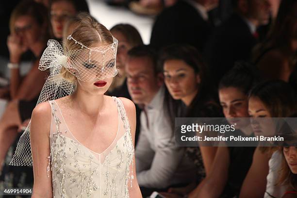 Model walks the runway during the Johanna Johnson Presented By Capitol Grand show at Mercedes-Benz Fashion Week Australia 2015 at Carriageworks on...
