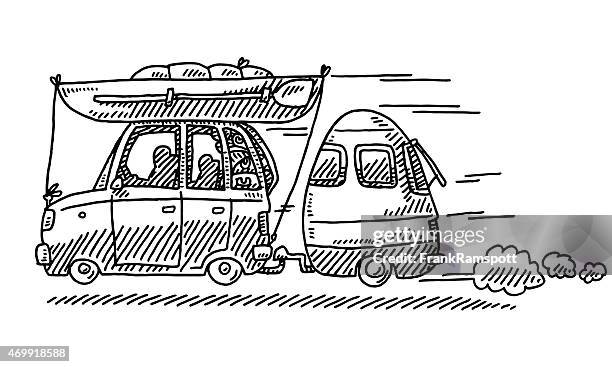 fully loaded car with trailer vacation trip drawing - people on canoe clip art stock illustrations