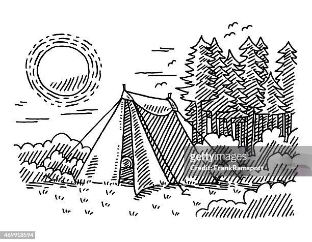 nature vacation outdoors tent drawing - forest morning light stock illustrations