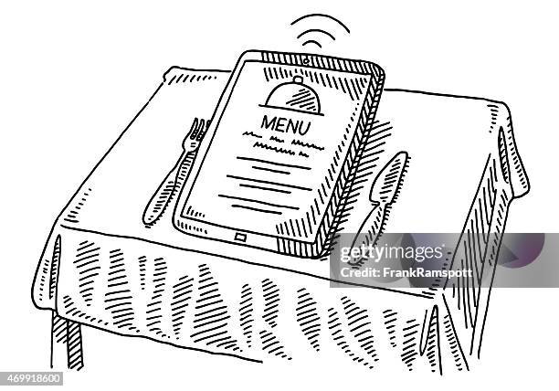 speisekarte des restaurants bestellen tablet pc tisch zeichnung - kapotthut stock-grafiken, -clipart, -cartoons und -symbole