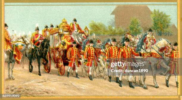 stockillustraties, clipart, cartoons en iconen met queen victoria riding in the royal carriage - koningin