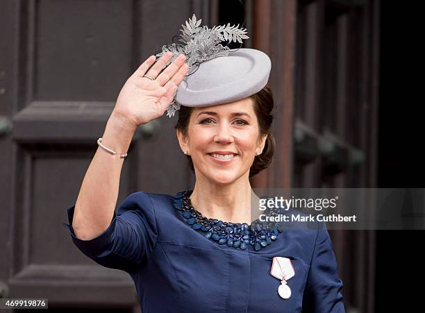 Crown Princess Mary of Denmark leaves the Town Hall after lunch during festivities for the 75th birthday of Queen Margrethe II Of Denmark on April...