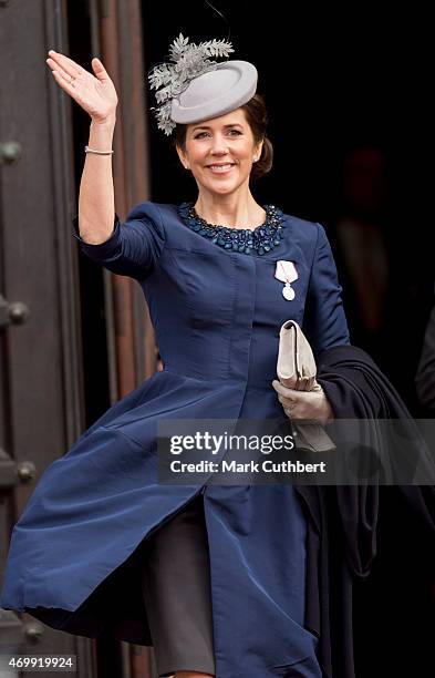 Crown Princess Mary of Denmark leaves the Town Hall after lunch during festivities for the 75th birthday of Queen Margrethe II Of Denmark on April...