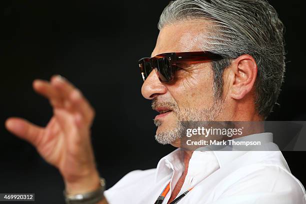 Ferrari Team Principal Maurizio Arrivabene looks on during previews to the Bahrain Formula One Grand Prix at Bahrain International Circuit on April...