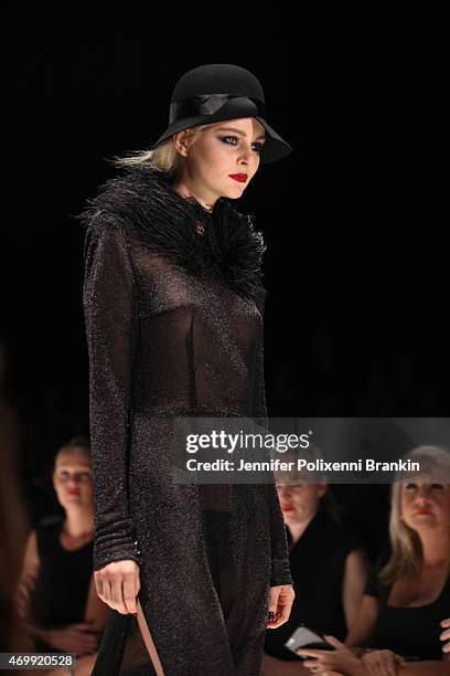 Model walks the runway during the Johanna Johnson Presented By Capitol Grand show at Mercedes-Benz Fashion Week Australia 2015 at Carriageworks on...