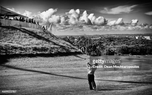 Thomas Aiken of South Africa hits his second shot on the 18th hole during Final Day of the Africa Open at East London Golf Club on February 16, 2014...